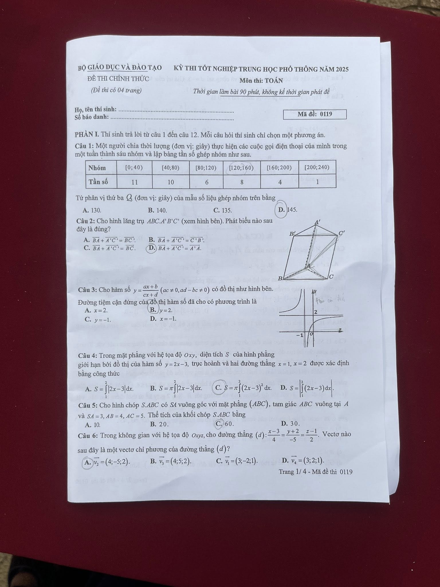 Full đáp án đề thi môn Toán mã đề 0118 tốt nghiệp THPT 2025