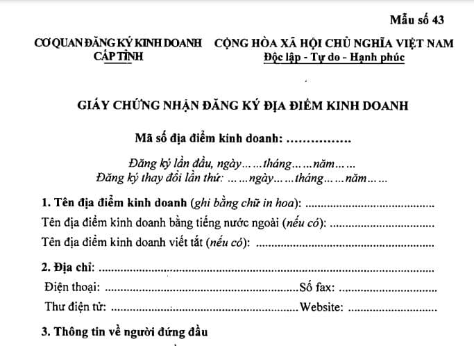 Mẫu giấy chứng nhận đăng ký địa điểm kinh doanh