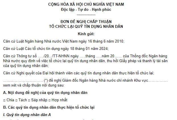 đơn đề nghị chấp thuận chia quỹ tín dụng nhân dân