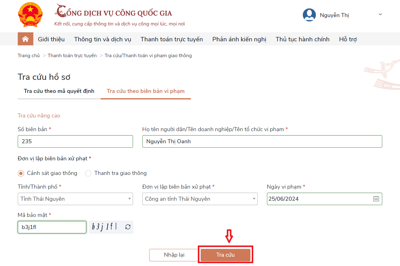 Trường hợp tra cứu theo biên bản vi phạm