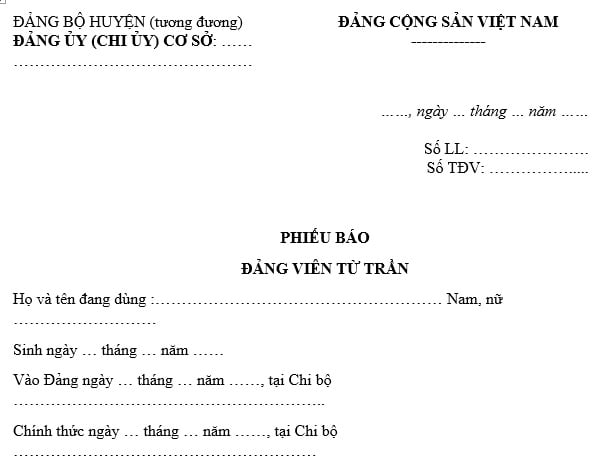 Mẫu phiếu báo đảng viên từ trần mới nhất là mẫu nào?