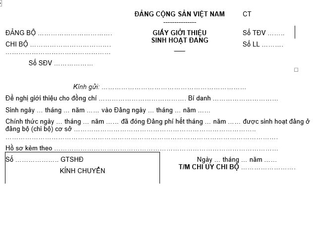 Mẫu giấy giới thiệu sinh hoạt đảng chính thức loại 10 ô mới nhất là mẫu nào?
