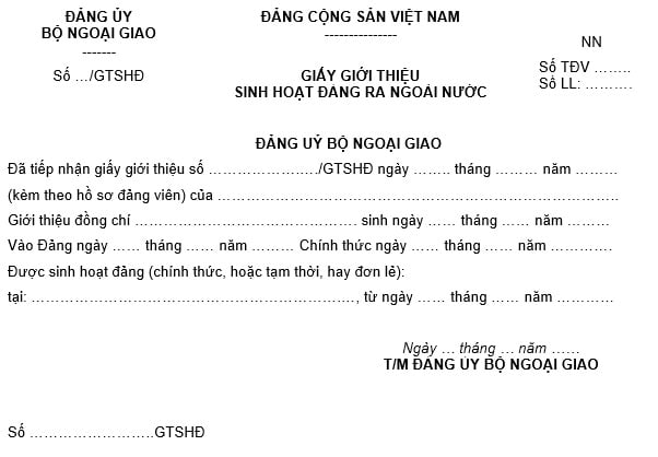 Mẫu giấy giới thiệu sinh hoạt đảng ra ngoài nước mới nhất là mẫu nào?