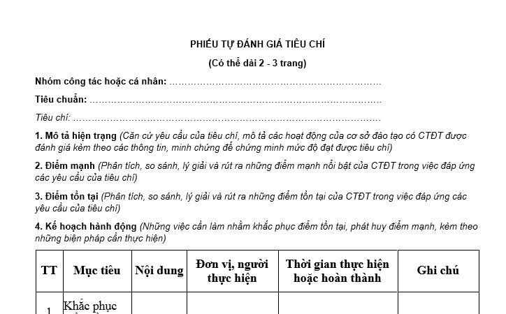 Tải Mẫu Mẫu Phiếu tự đánh giá tiêu chí đối với chương trình đào tạo theo Thông tư 04 2025?