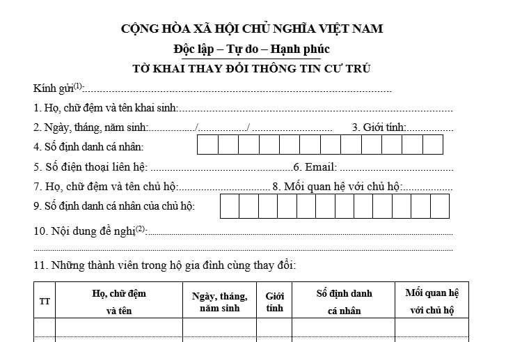 Mẫu tờ khai thay đổi thông tin cư trú Mẫu CT01 áp dụng từ 1/7/2025 có dạng ra sao?