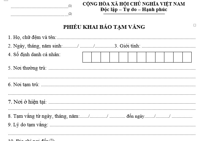 Mẫu phiếu khai báo tạm vắng Mẫu CT03 áp dụng từ 1/7/2025 có dạng ra sao?