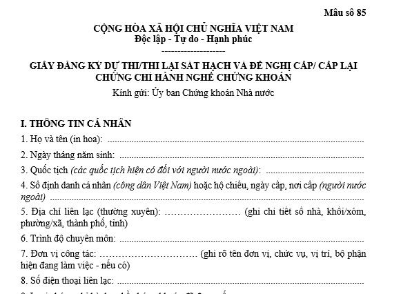 Mẫu giấy đăng ký dự thi sát hạch và đề nghị cấp chứng chỉ hành nghề chứng khoán theo Nghị định 245 là mẫu nào?
