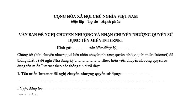 Mẫu văn bản đề nghị chuyển nhượng và nhận chuyển nhượng tên miền Internet mới nhất năm 2025 tải về file word?