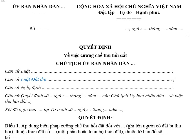Mẫu quyết định cưỡng chế thu hồi đất mới nhất năm 2025 là mẫu nào?