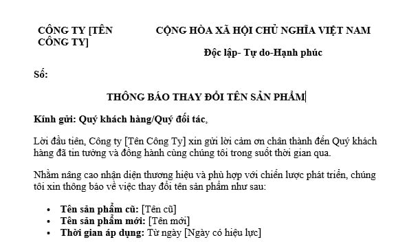 Tải Mẫu Thông báo thay đổi tên sản phẩm gửi cho đối tác, khách hàng mới nhất 2025?