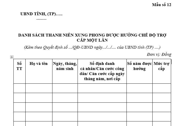 Mẫu danh sách thanh niên xung phong được hưởng chế độ trợ cấp một lần theo Thông tư 09 là mẫu nào?
