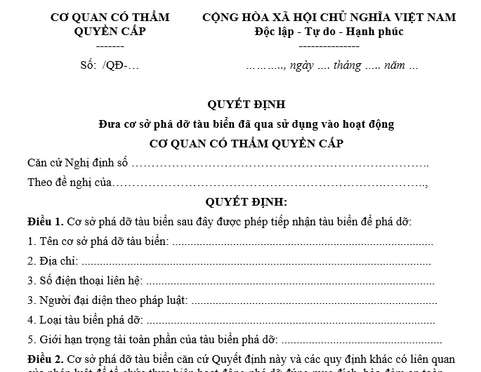 Mẫu quyết định đưa cơ sở phá dỡ tàu biển đã qua sử dụng vào hoạt động theo Quyết định 870 là mẫu nào?