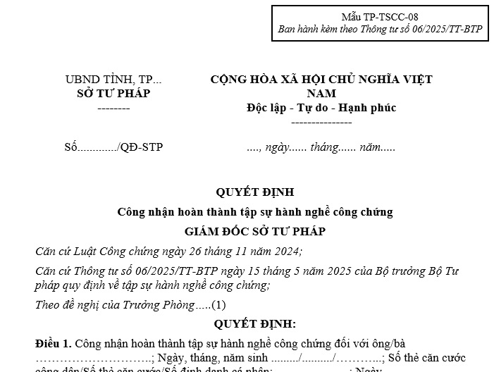 Mẫu quyết định Công nhận hoàn thành tập sự hành nghề công chứng Mẫu TP-TSCC-08 theo Thông tư 06 có dạng ra sao?