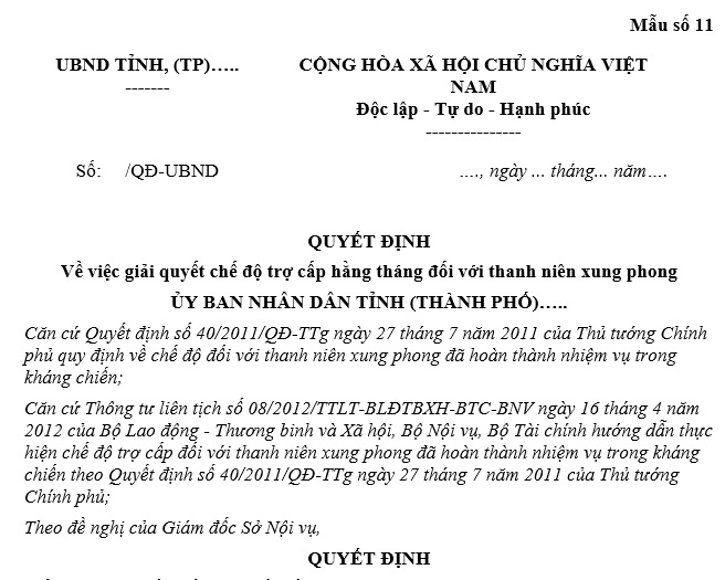 Mẫu quyết định về việc giải quyết chế độ trợ cấp hằng tháng đối với thanh niên xung phong theo Thông tư 09 là mẫu nào?