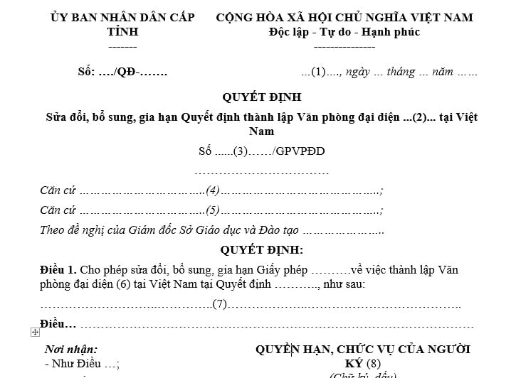 Mẫu quyết định sửa đổi, bổ sung, gia hạn, cấp lại giấy phép thành lập văn phòng đại diện của tổ chức, cơ sở giáo dục nghề nghiệp nước ngoài tại Việt Nam là mẫu nào?