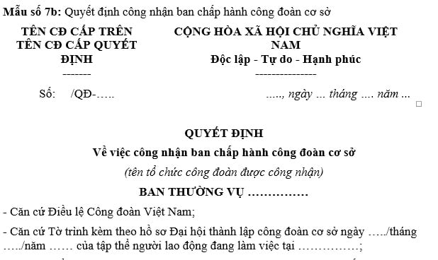 Tải mẫu quyết định công nhận ban chấp hành công đoàn cơ sở theo Hướng dẫn 38?