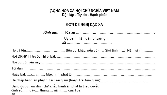 Tải mẫu đơn đề nghị đặc xá của người bị kết án theo Hướng dẫn 121 năm 2025?