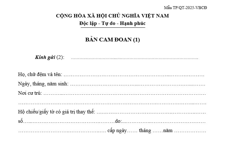 Mẫu bản cam đoan dùng cho các việc liên quan đến quốc tịch Mẫu TP QT 2025 VBCĐ theo Thông tư 12 có dạng ra sao?