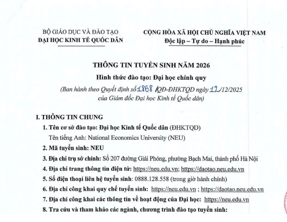 ĐỀ ÁN tuyển sinh NEU