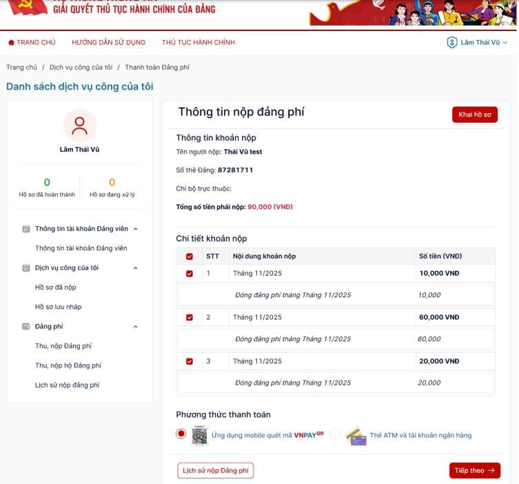 Màn hình thanh toán thu, nộp đảng phí