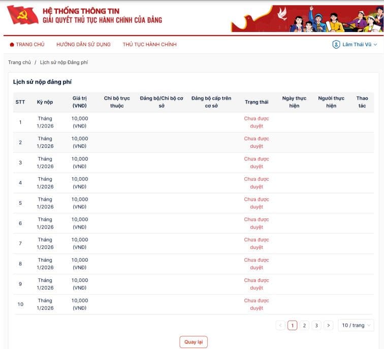 Màn hình Lịch sử nộp đảng phí