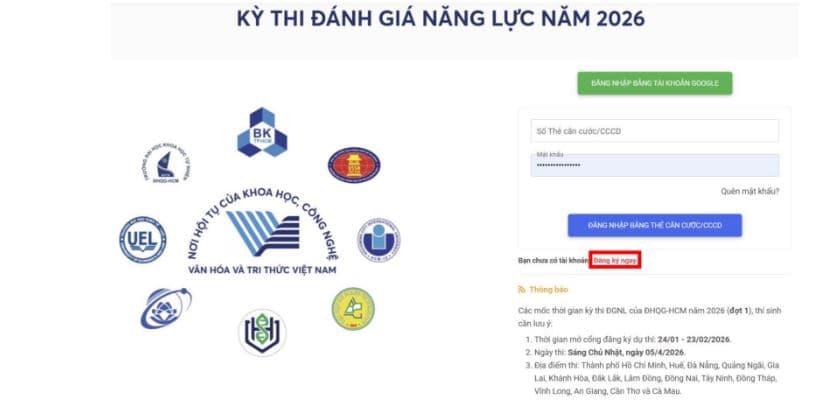 Nhấn nút “Đăng ký ngay” để đăng ký tài khoản dự thi ĐGNL ĐHQG HCM