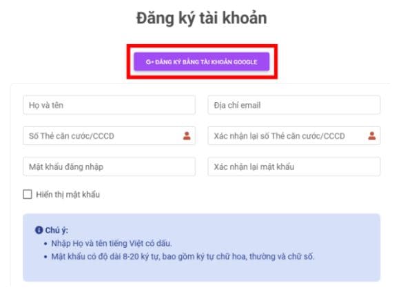 Nhấn nút “G-ĐĂNG KÝ BẰNG TÀI KHOẢN GOOGLE”