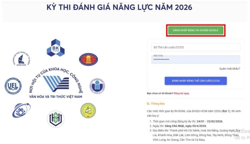 Chọn “ĐĂNG NHẬP BẰNG TÀI KHOẢN GOOGLE” → Chọn tài khoản Google đã đăng ký để đăng nhập, hoàn tất việc khai báo thông tin dự thi