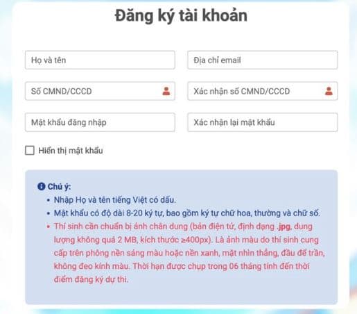 Thí sinh nhập các thông tin theo yêu cầu