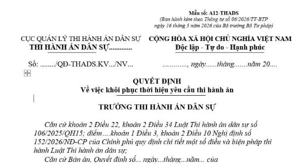 Mẫu Quyết định khôi phục thời hiệu yêu cầu thi hành án dân sự