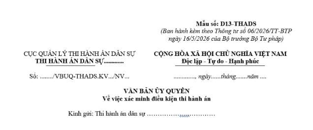 Văn bản ủy quyền xác minh điều kiện thi hành án dân sự