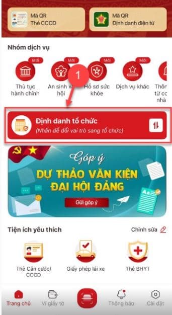 Chọn Định danh tổ chức 