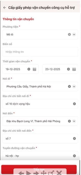 Tại màn Thông tin vận chuyển, công dân nhập đầy đủ đầy đủ thông tin các trường