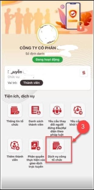 Tại màn trang chủ định danh tổ chức => Chọn Dịch vụ công tổ chức