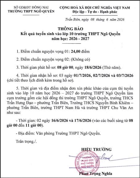 ĐIỂM CHUẨN lớp 10 năm 2026 Đồng Nai