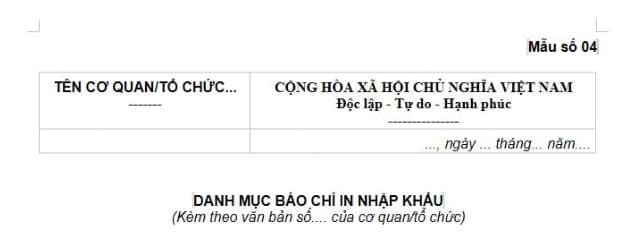 Mẫu Danh mục báo chí in nhập khẩu