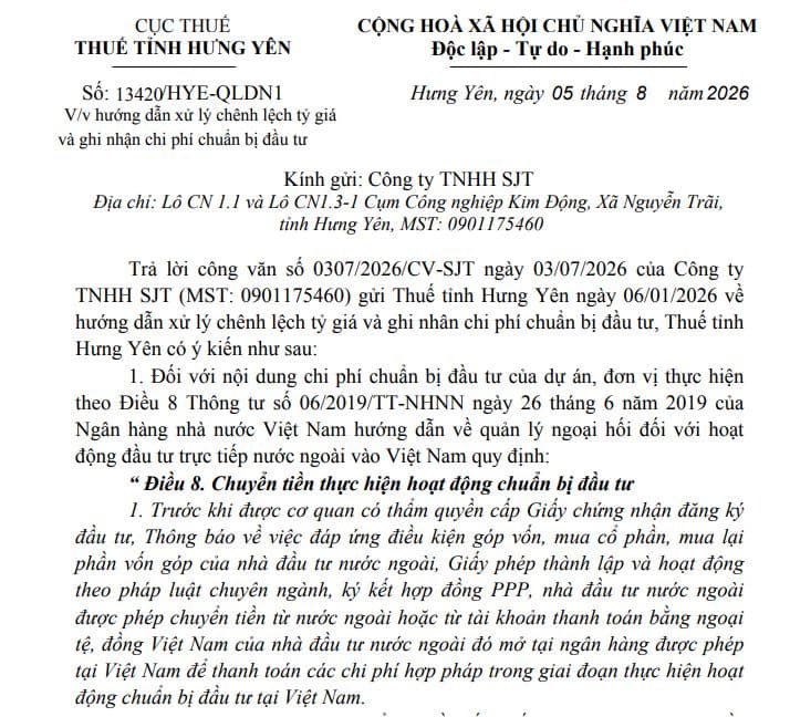 Công văn 13420/HYE-QLDN1 2026 Hướng dẫn xử lý chênh lệch tỷ giá và ghi nhận chi phí chuẩn bị đầu tư