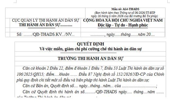 Mẫu Quyết định miễn, giảm chi phí cưỡng chế thi hành án dân sự