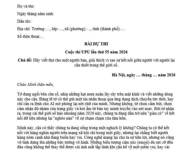 mẫu viết thư UPU lần thứ 55 năm 2026