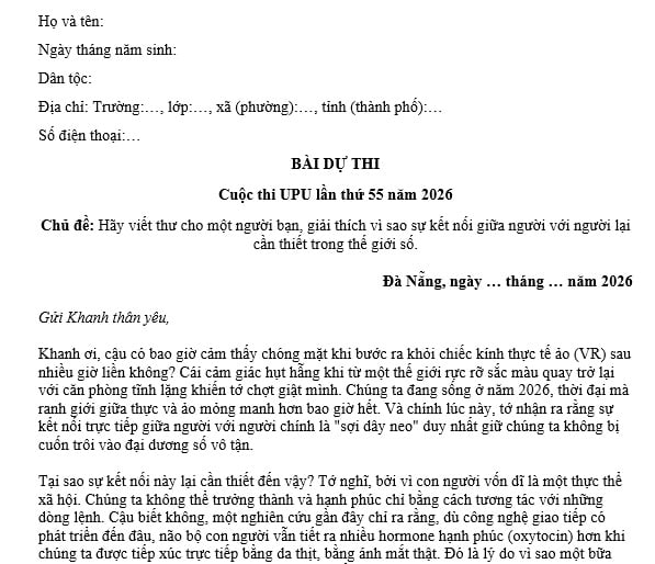 mẫu viết thư UPU lần thứ 55 năm 2026