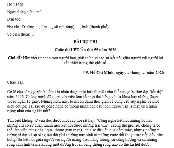 mẫu viết thư UPU lần thứ 55 năm 2026