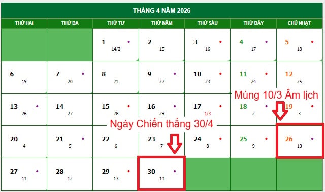 lịch nghỉ lễ 10/3, 30/4, 1/5 và 2/9 năm 2026 của công chức, viên chức, người lao động và học sinh