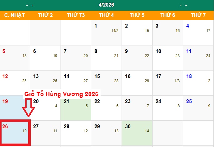giỗ tổ hùng vương ngày mấy dương lịch 2026