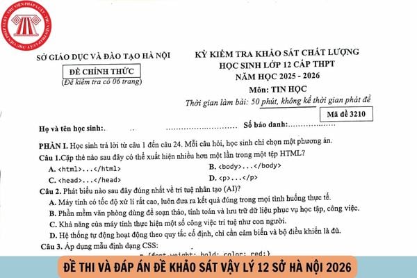 đáp án đề khảo sát môn Tin học 12 Sở Hà Nội 2026