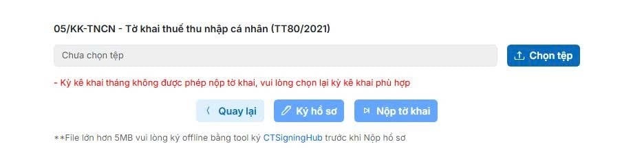 kỳ kê khai tháng không được phép nộp tờ khai, vui lòng chọn lại kỳ kê khai phù hợp