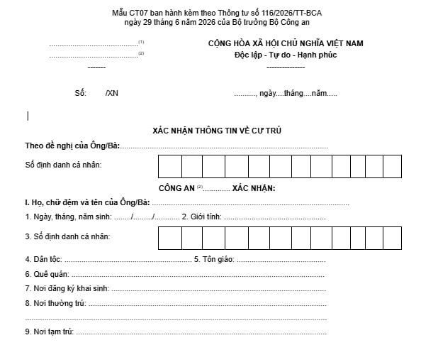 Mẫu CT07 xác nhận thông tin về cư trú mới nhất