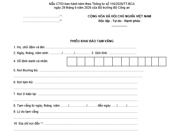 Mẫu Phiếu khai báo tạm vắng mới nhất