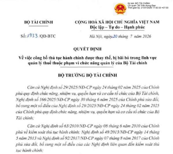 Quyết định 1933/QĐ-BTC năm 2026