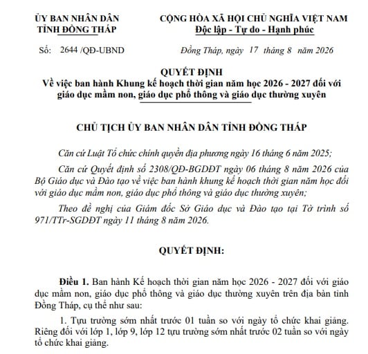 Quyết định 2644/QĐ-UBND 2026 Đồng Tháp về khung kế hoạch thời gian năm học 2026 - 2027