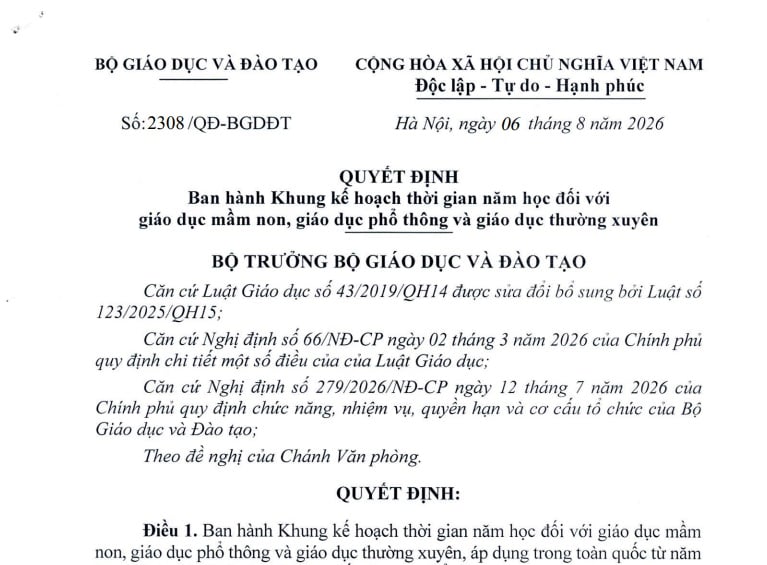 Quyết định 2308/QĐ-BGDĐT ban hành khung kế hoạch thời gian năm học 2026-2027